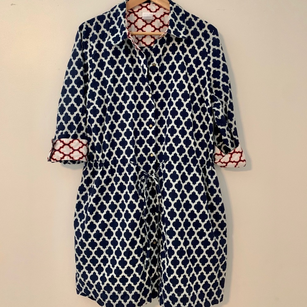 Lands End 3/4 Sleeve Navy Coral Casual Shirt Dress